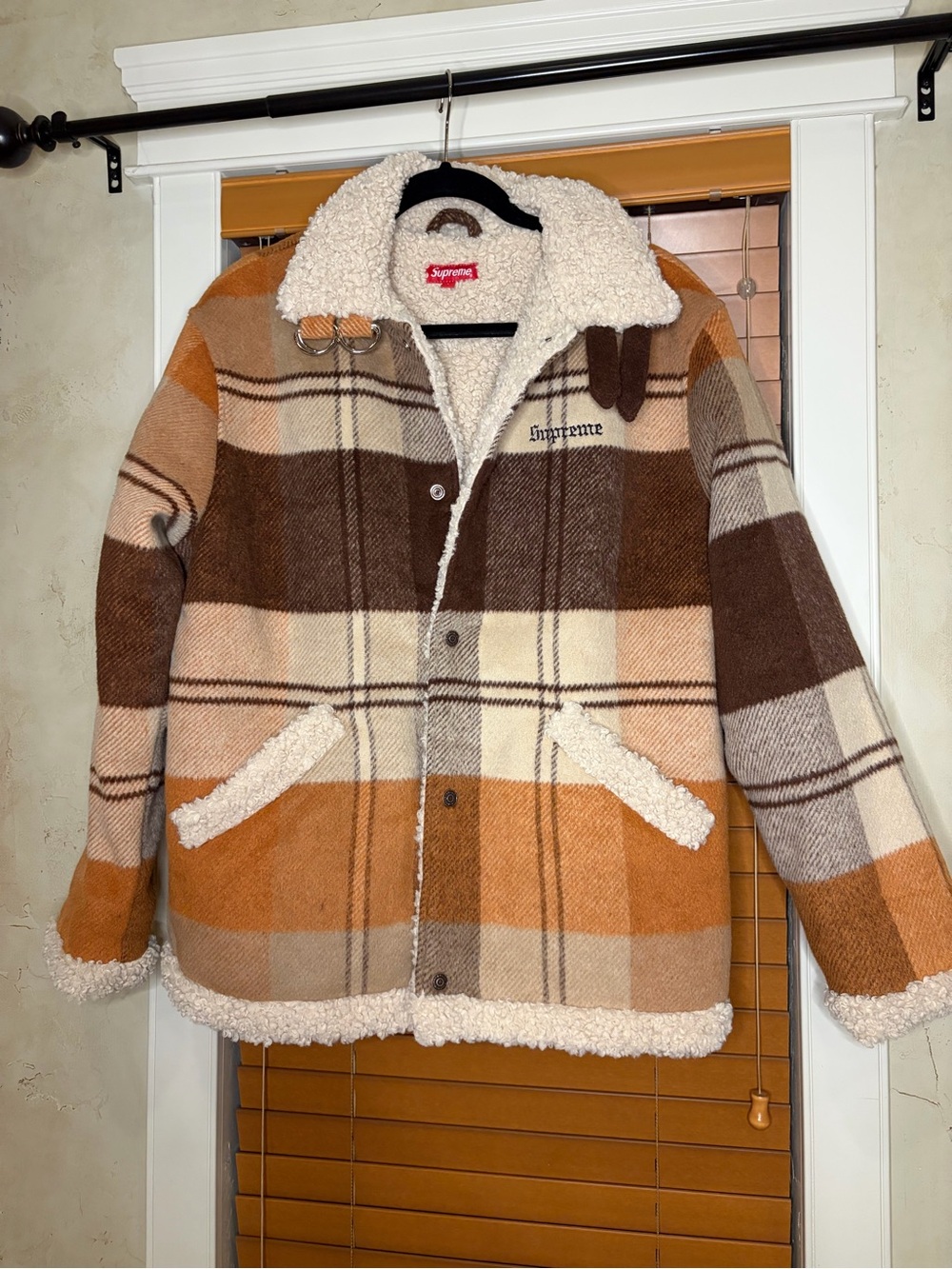 Supreme Plaid Sherpa Jacket in Brown, Cream & Orange